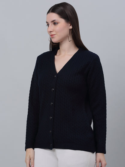 Women's Casual  Navy Blue V neck Cardigan Sweater