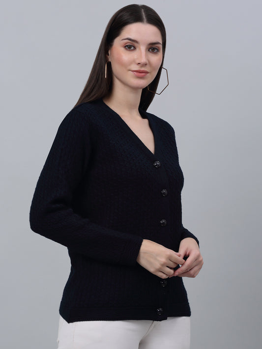 Women's Casual  Navy Blue V neck Cardigan Sweater