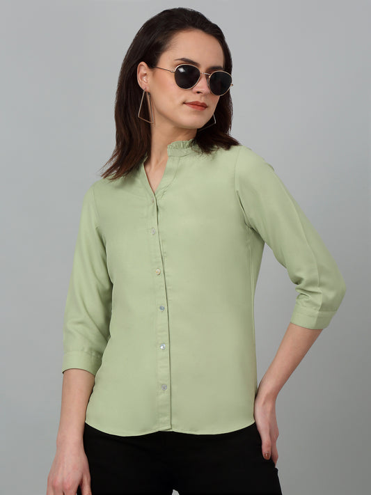Women's Casual  Green Solid Mandarin Collar Top