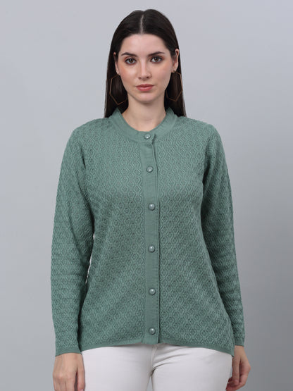 Women's Casual  Green Round neck Cardigan Sweater