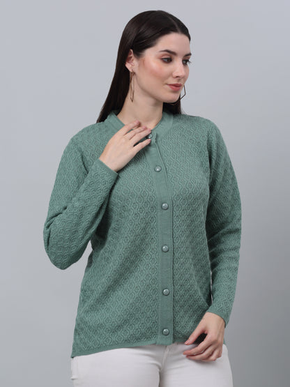 Women's Casual  Green Round neck Cardigan Sweater