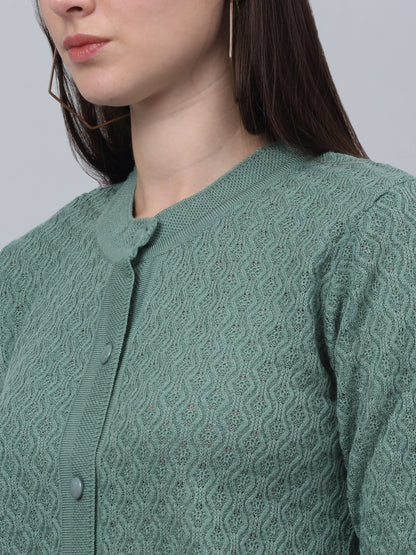 Women's Casual  Green Round neck Cardigan Sweater