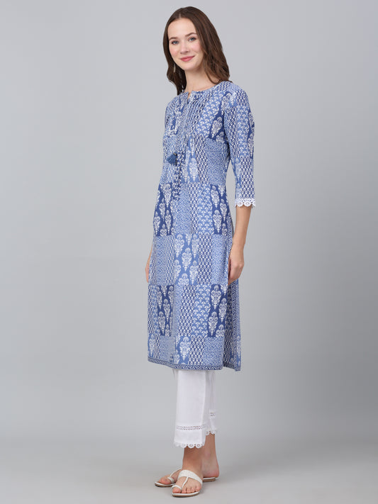 Women's Blue Floral Print Casual Kurta Plazzo Set