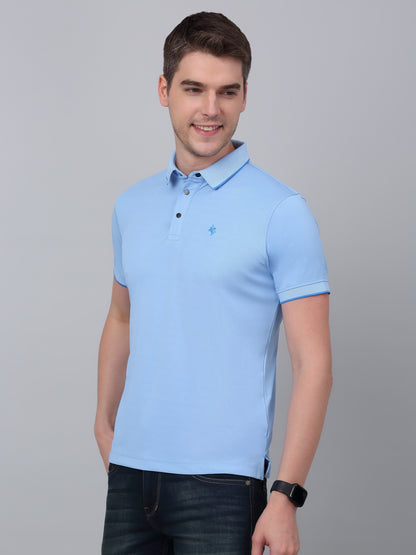 Men's Sky Blue Solid Polo Neck T-shirt