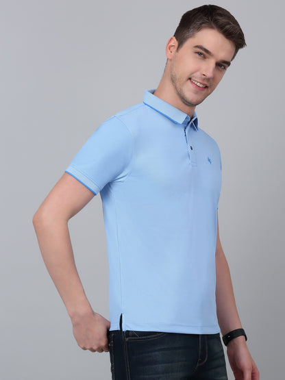 Men's Sky Blue Solid Polo Neck T-shirt