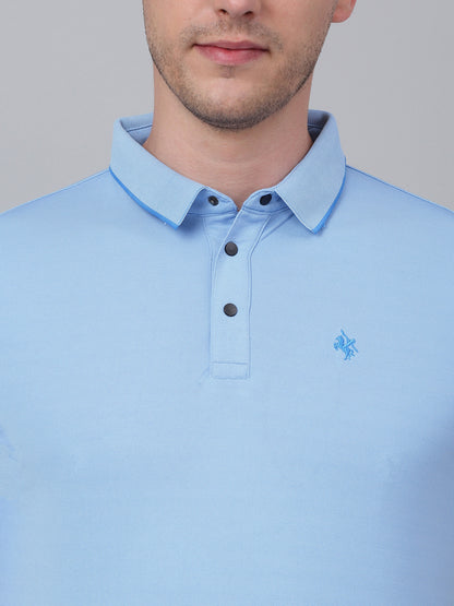 Men's Sky Blue Solid Polo Neck T-shirt