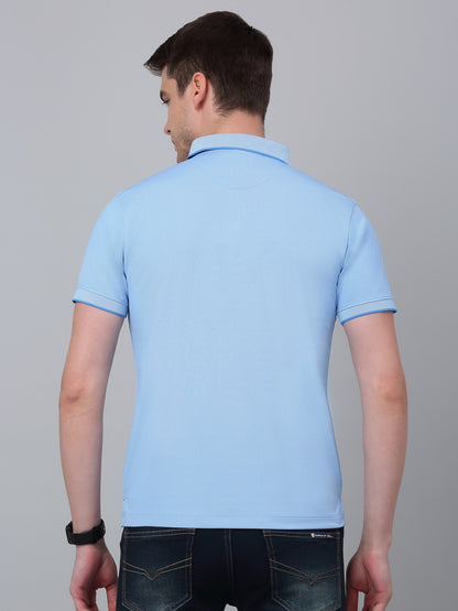 Men's Sky Blue Solid Polo Neck T-shirt