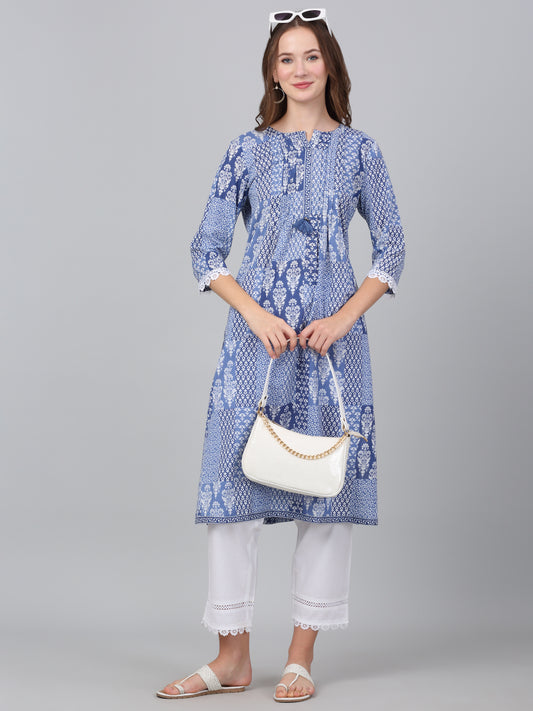 Women's Blue Floral Print Casual Kurta Plazzo Set