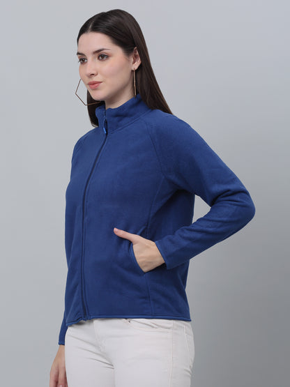 Women's Casual  Royal Blue Raglan Full Sleeve Zipthru  Fleece Sweatshirt