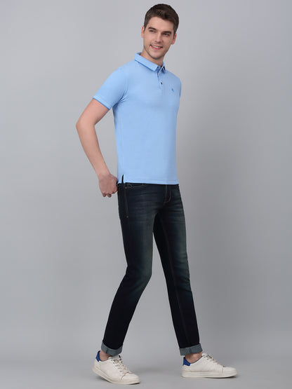 Men's Sky Blue Solid Polo Neck T-shirt