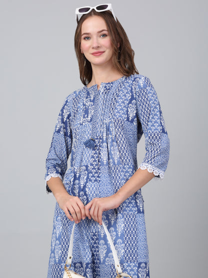 Women's Blue Floral Print Casual Kurta Plazzo Set