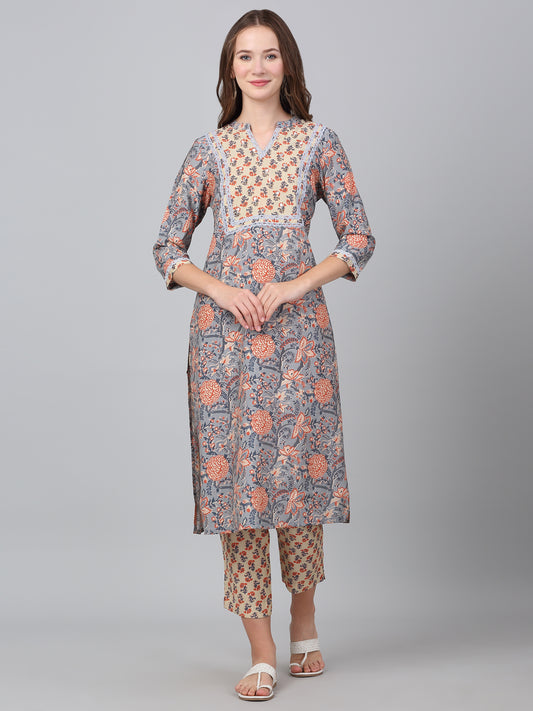 Women's Grey Floral Print Casual Kurta Palazzo Set