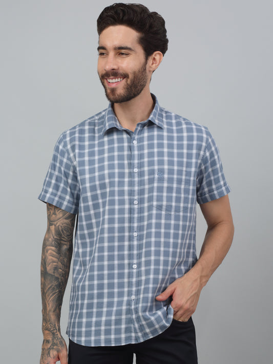 Men's Grey Slim Fit Checkered Half Sleeve Casual Shirt