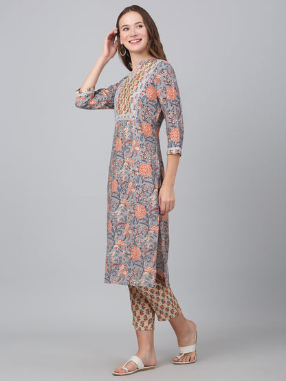 Women's Grey Floral Print Casual Kurta Palazzo Set