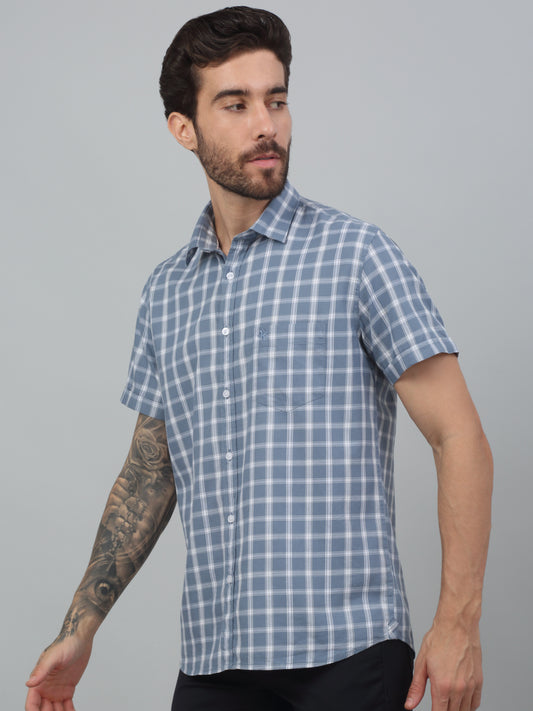 Men's Grey Slim Fit Checkered Half Sleeve Casual Shirt