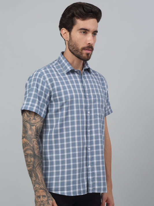 Men's Grey Slim Fit Checkered Half Sleeve Casual Shirt