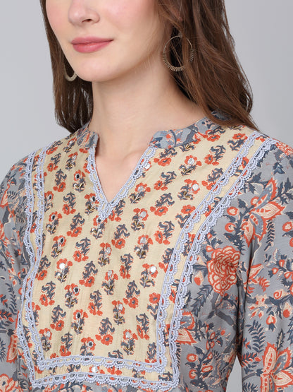 Women's Grey Floral Print Casual Kurta Palazzo Set