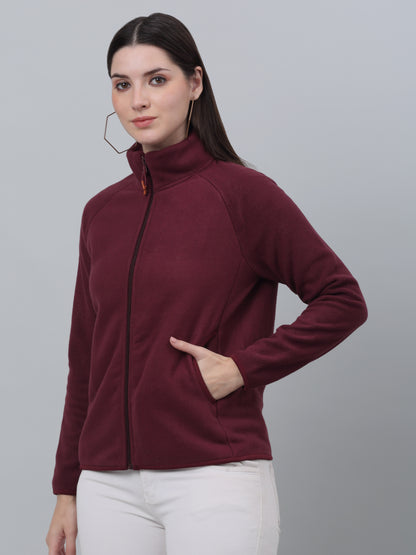 Women's Casual  Wine Raglan Full Sleeve Zipthru  Fleece Sweatshirt