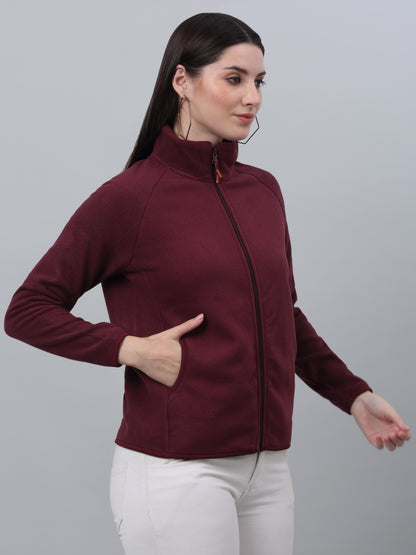 Women's Casual  Wine Raglan Full Sleeve Zipthru  Fleece Sweatshirt