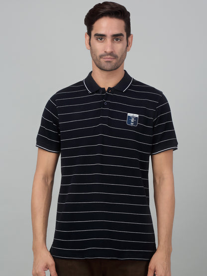 Men's Navy Blue Stripe Polo neck Half Sleeve T-Shirt