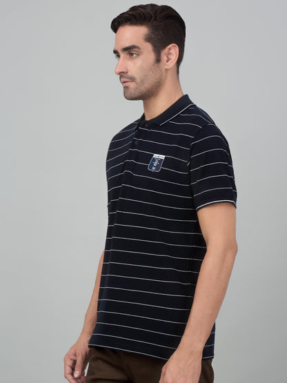 Men's Navy Blue Stripe Polo neck Half Sleeve T-Shirt