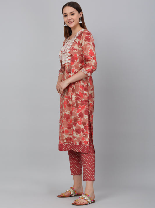 Women's Red Printed Kurta Plazzo Set