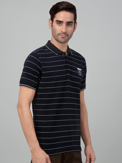 Men's Navy Blue Stripe Polo neck Half Sleeve T-Shirt