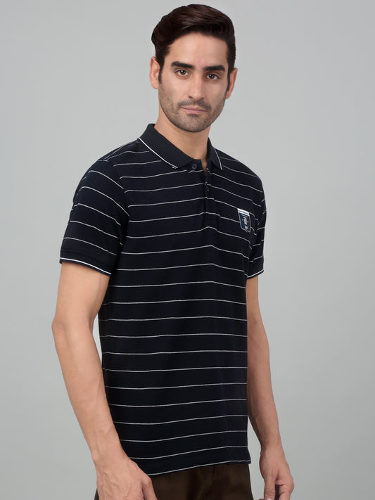 T-Shirt for Men | Breathable & Soft with Color Fastness Regular Fit Polo Neck Poly Cotton Fabric Striped Pattern