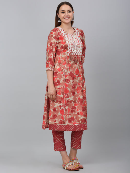 Women's Red Printed Kurta Plazzo Set