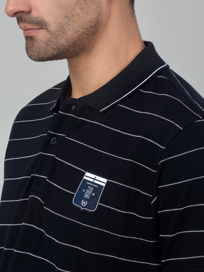 Men's Navy Blue Stripe Polo neck Half Sleeve T-Shirt