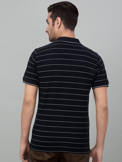 Men's Navy Blue Stripe Polo neck Half Sleeve T-Shirt