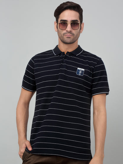 Men's Navy Blue Stripe Polo neck Half Sleeve T-Shirt