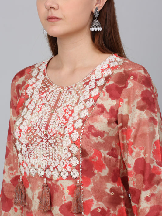 Women's Red Printed Kurta Plazzo Set