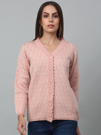 Women's Casual  Pink V neck Cardigan Sweater