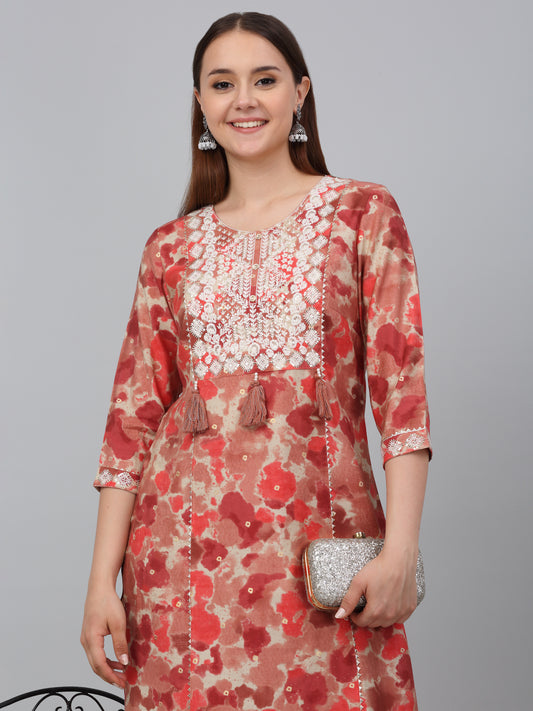 Women's Red Printed Kurta Plazzo Set