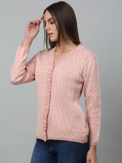 Women's Casual  Pink V neck Cardigan Sweater