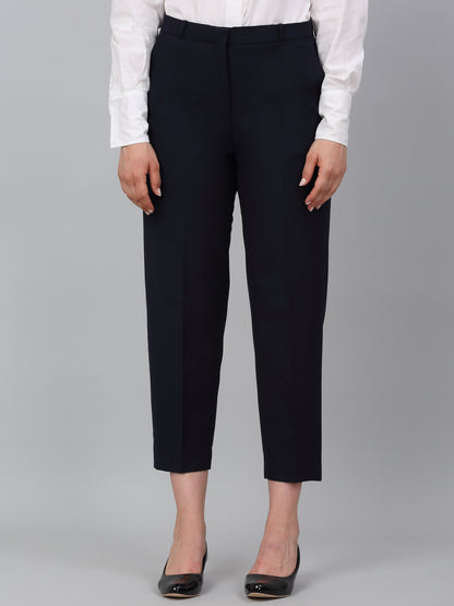 Women's Navy Blue Solid Non-Pleated Formal Trouser