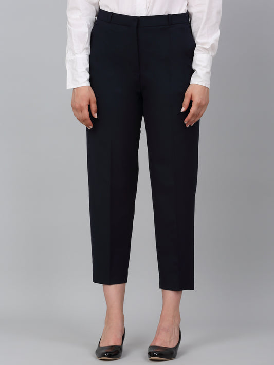 Women's Navy Blue Solid Non-Pleated Formal Trouser