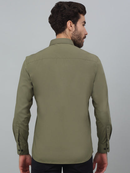 Men's Olive Green Casual Plain Stretch Full Sleeve Shirt