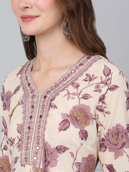 Women's Ivory Floral Print Casual Kurta Palazzo Set