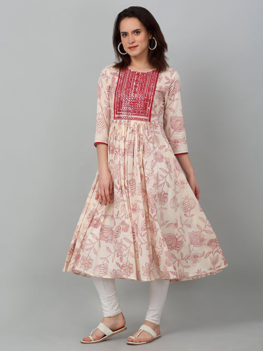 Women's Casual Round Neck Offwhite Printed & Embroidered Calf Length Kurti