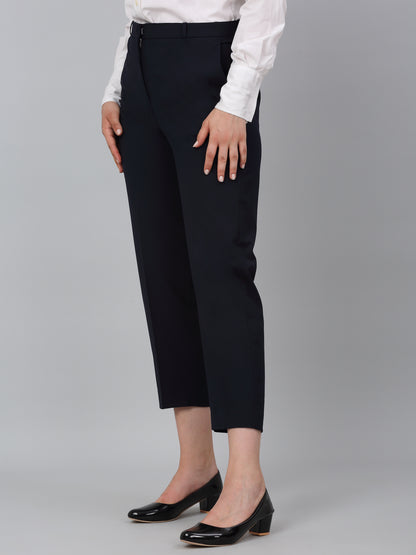 Women's Navy Blue Solid Non-Pleated Formal Trouser