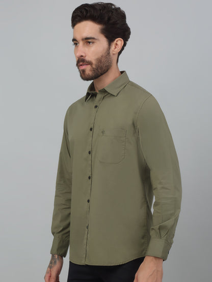 Men's Olive Green Casual Plain Stretch Full Sleeve Shirt