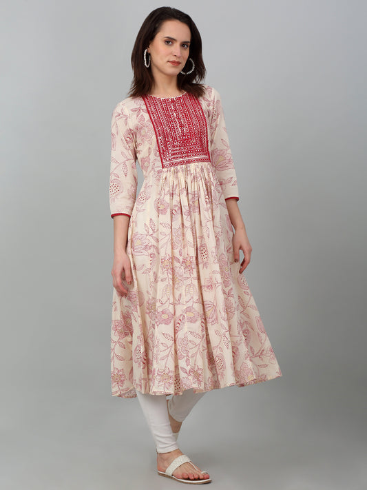 Women's Casual Round Neck Offwhite Printed & Embroidered Calf Length Kurti