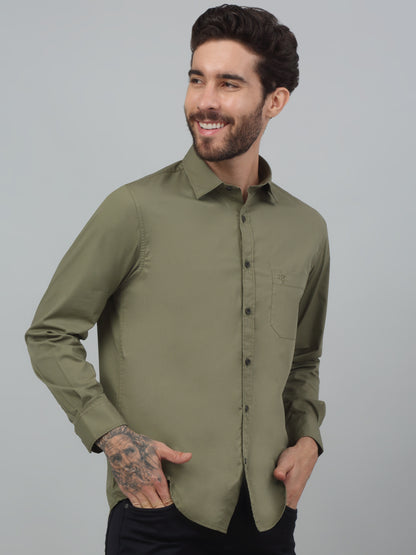 Men's Olive Green Casual Plain Stretch Full Sleeve Shirt