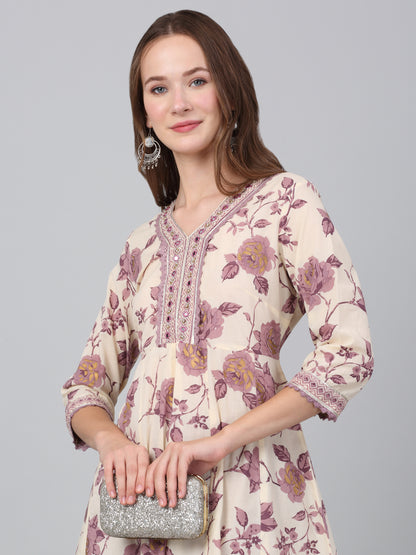 Women's Ivory Floral Print Casual Kurta Palazzo Set