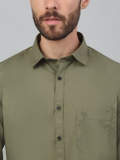 Men's Olive Green Casual Plain Stretch Full Sleeve Shirt