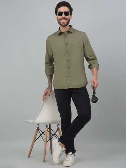 Men's Olive Green Casual Plain Stretch Full Sleeve Shirt