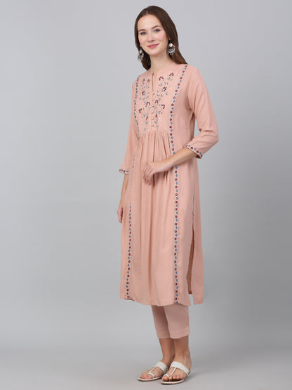 Women's Pink Embroidered Casual Kurta Plazzo Set