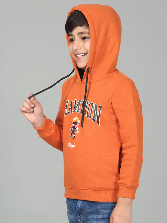 Boys Orange Printed Hooded Neck Full Sleeves Casual Sweatshirt